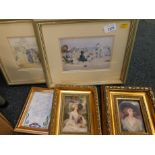 Pictures and prints, etc, depicting Edwardian beach scenes, recumbent dog, etc. (a quantity)