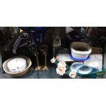 Floral arrangements, lantern, kitchenalia, vase, blue glass bowl, pair of brass style