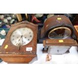 An oak cased wall clock, Smiths Napoleon hat mantel clock (AF), and an oak cased barometer. (3)