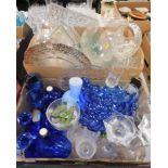 A collection of glassware, to include glass candlesticks, drinking glasses, large jug, blue