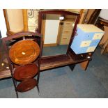 A mahogany dressing table mirror, spice chest of six drawers and a cake stand. (3)