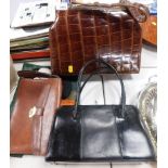 Handbags, to include a Deco style crocodile finish vinyl handbag, 33cm wide, brown leather clutch