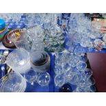 Decorative and other glass ware, drinking glasses, decanter, plastic bowls, floral decorated vase,