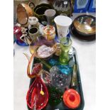 Coloured glassware, pottery and ceramics including German Fat Lava jug (AF), two trays and two