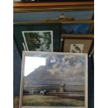 Pictures and prints, to include windmill scene, George Stubbs print depicting mares and foals in a