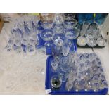 Glassware, to include drinking glasses, blue glass wine glasses, glass apple, small jug, small vase,