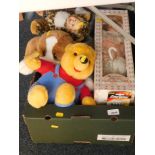 Various soft toys, Teddy bears to include Winnie The Pooh, a Leonardo Collection porcelain doll