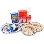 Trays and glasses, comprising 1981 Royal Wedding trays, others, commemorative tin and four Newbold P