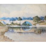 Gottron. River scene with bridge and village in the foreground, watercolour signed 23cm x 28cm, fram