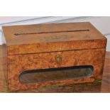 A Victorian burr walnut table top post box, with single carved slit and lift up lid, with brass plaq