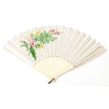 An early 20thC hand fan, the decorated with water nymph and flowers, watercolour probably on silk, w