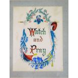 20thC School. Watch and pray watercolour, with shield and flowers, on a blue border, 21cm x 16.5cm,