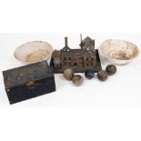 Miscellaneous models, to include a papier mache model of a country house, and a despatch box, two wa