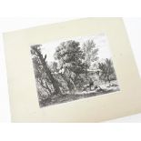 An antiquarian engraving after Karel Dujardin. Landscape with man and two donkeys, engraving, 14cm x