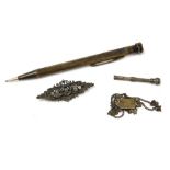 A group of silver and other wares, comprising a propelling pencil, marked Sterling, a Victorian bar