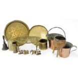 Various brass and copperwares, including tray, kettle stand, small animal figures etc. (a quantity)