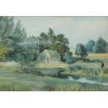 19thC School. Orton near Peterborough, fishing lake with country house in foreground, watercolour, i