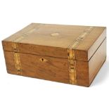 A late 19thC walnut writing box, with parquetry ribboned banding and central parquetry diamond, with