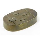 An early 19thC novelty brass snuff box, oval with coded entry, set with three Roman numeric clocks w