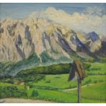 20thC Continental School. Mountain landscape, oil on board, indistinctly signed and dated, 18cm x 18