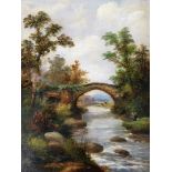 T. Lawley (19thC School). River fishing scene with arched bridge and cattle, oil on canvas, 44.5cm x