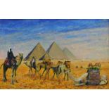 Peter Wood (1951-1999). Pyramids and camel, oil on board, signed, 40cm x 75cm.