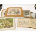 Three portrait photographs, small pencil sketch portrait of a young boy, pen and ink drawing of Newb