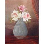 J. Boar. Still life, roses in a vase, oil on board, signed and dated 1926, 29cm x 23cm.