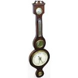 An early 19thC rosewood wheel barometer, with dry/damp dial, white enamel dial and moulded cornice,