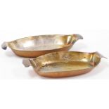 Two Elkington and Co retailed by J Lyons and Co copper plated serving dishes, each with numbered sta