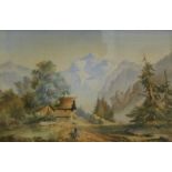 19thC Continental School. Mountain landscape with figures in the foreground, watercolour, 35cm x 53c