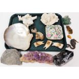 A group of fossils and shells, to include a fossilized seahorse, rough cut amethyst, oyster shell, e