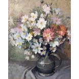 20thC School. Still life, flowers in a pewter jug, oil on board, Croydon Galleries label verso, 55cm