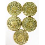 Five Poacher 100 brass coasters, Woodhall Spa 1997, two Tattershall park 1999, and two millennium to