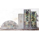 Four Victorian leaded glazed panels, of various sizes, including an arch, 50cm high, 106cm wide. (AF