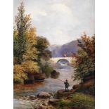 T Lawley (19thC School). River fishing scene, with bridge in the foreground with couple, oil on canv