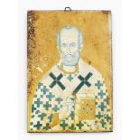 A religious icon, printed on wood, with painted monogram APW verso, 18.5cm x 12.5cm.