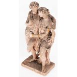 A 19thC terracotta plaster classical figure group of Bacchanalian figures, male and female entwined