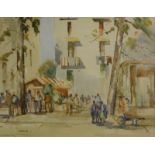 G.C. Barlow. Early morning at a French market, watercolour, signed and titled verso, 37cm x 47cm.