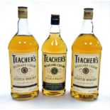 Three bottles of Teacher's Highland Cream Scotch whisky, a 70cl bottle and two 1L bottles. (3)