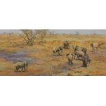 David Shepherd (1931-2017). African waterhole, artist signed limited edition coloured print, 80/650,