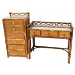 An Angraves of Leicester bamboo and raffia dressing table and chest of five drawers, both with glass