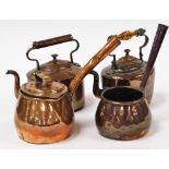 A group of brass and copper wares, to include two copper kettles, and two saucepans, one with lid. (