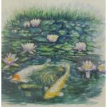 Peter Wood (1951-1999). Fish and lilies, watercolour, signed, 49cm x 49cm.