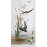 A pair of Victorian paintings of birds over water, painted on milk glass, 53cm x 27cm.