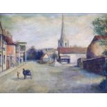 W.T.W (19thC School). Village scene with church and shops and man pushing cart, oil on board, 24cm x