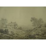 Thomas Sidney Cooper RA (1803-1902). Landscape with buildings and figures on a track, pencil sketch,