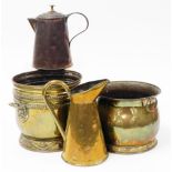 Copper and brasswares, two circular brass planters, 23cm high diameter, brass jug 20cm and copper li