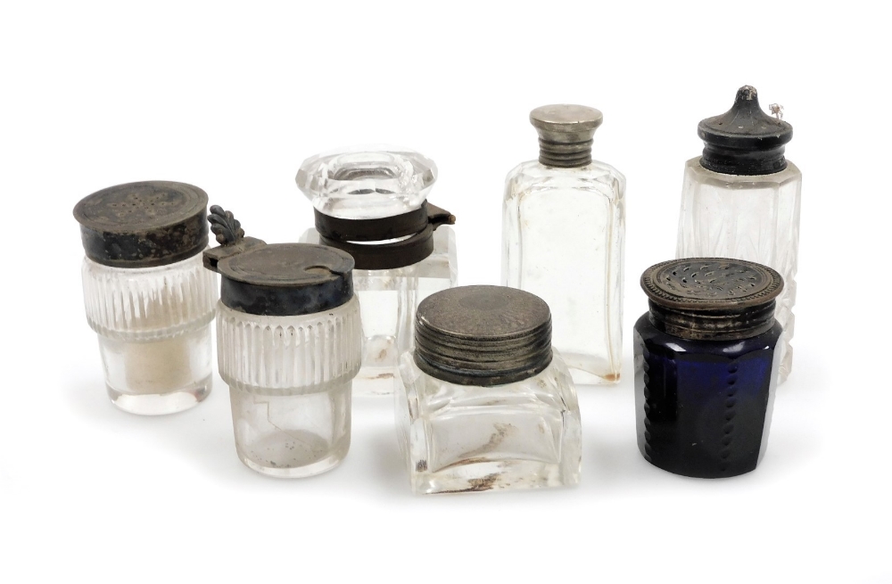 A group of early 20thC dressing table jars, trinkets, etc., to include a silver plated topped pepper