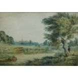 19thC School. Lake and cattle scene with Peterborough in the foreground, watercolour, 35cm x 52cm, i